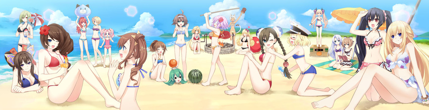 6+girls ^_^ absurdres ain_aru animal_ears barefoot beach bikini bikini_top_only bio_(chou_megami_shinkou_noire_gekishin_black_heart) blanc_(neptunia) blonde_hair blossa_aizen book braid breasts brown_hair cat_ears cat_tail chou_megami_shinkou_noire_gekishin_black_heart cleavage closed_eyes cloud commentary_request cooking day double_bun estelle_(neptunia) flower full_body hair_bun hair_flower hair_ornament highres jeneria_g jewelry lady_wakku large_breasts little_rain long_hair masujima_ai moruu multiple_girls navel neptune_(neptunia) neptune_(series) noire_(neptunia) ocean official_art one_eye_closed outdoors photoshop_(medium) pink_hair purple_hair puuna_(chou_megami_shinkou_noire_gekishin_black_heart) restoa rid rii_fai ryuuka sango_(chou_megami_shinkou_noire_gekishin_black_heart) saori_(chou_megami_shinkou_noire_gekishin_black_heart) short_hair sky smile swimsuit tail tsunako tsunemi twin_braids twintails vert_(neptunia) water win_(chou_megami_shinkou_noire_gekishin_black_heart)