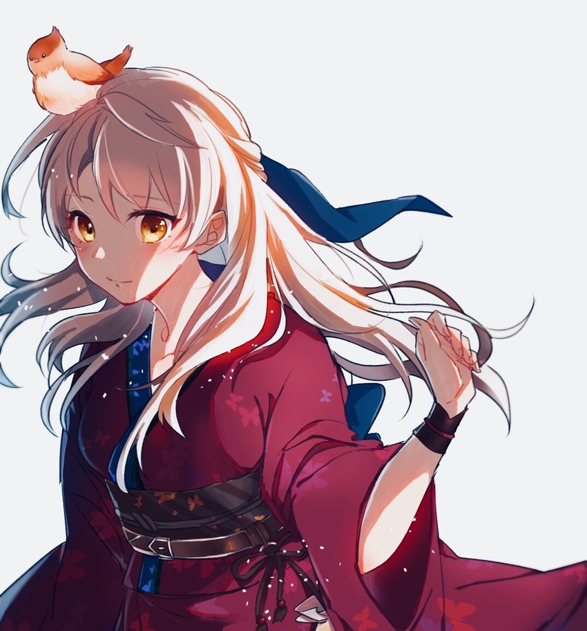 animal animal_on_head animal_print bangle bird bird_on_head black_gloves bracelet butterfly_print collarbone commentary_request female fire_emblem fire_emblem:_radiant_dawn fire_emblem_heroes gloves grey_background grey_hair hair_ribbon half_updo japanese_clothes jewelry kimono long_hair micaiah_(fire_emblem) micaiah_(hoshidan_summer)_(fire_emblem) nekolook obi official_alternate_costume on_head ribbon sash simple_background smile solo white_hair wide_sleeves yellow_eyes yukata yune_(fire_emblem)