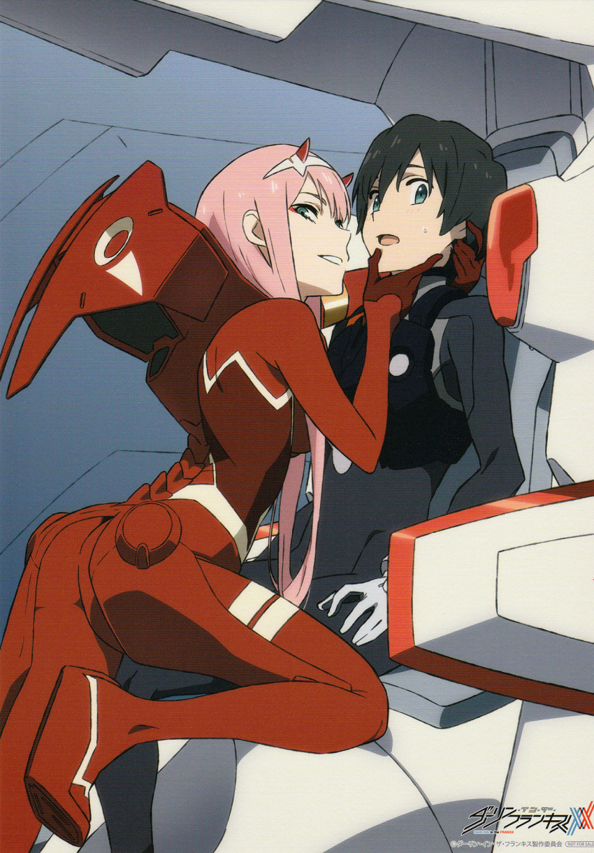 1boy ass bad_id bad_yandere_id black_bodysuit black_hair blue_eyes bodysuit breasts copyright_name couple darling_in_the_franxx female gloves green_eyes hair_ornament hairband hand_on_another's_chin hand_on_another's_neck hand_on_own_leg highres hiro_(darling_in_the_franxx) horns leg_up long_hair looking_at_viewer medium_breasts official_art oni_horns pilot_suit pink_hair red_bodysuit red_gloves red_horns scan science_fiction sitting straight sweatdrop tanaka_masayoshi white_gloves white_hairband zero_two_(darling_in_the_franxx)