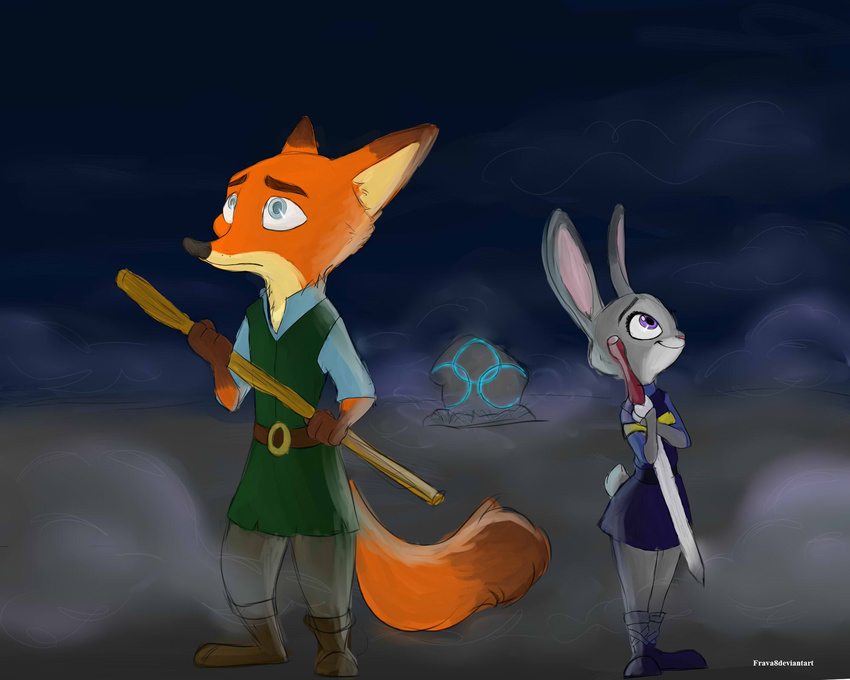 5:4 anthro belt blind canid canine disability disney duo female fox frava8 fur hi_res judy_hopps lagomorph leporid male mammal melee_weapon nick_wilde quest_for_camelot rabbit red_fox staff sword true_fox weapon zootopia