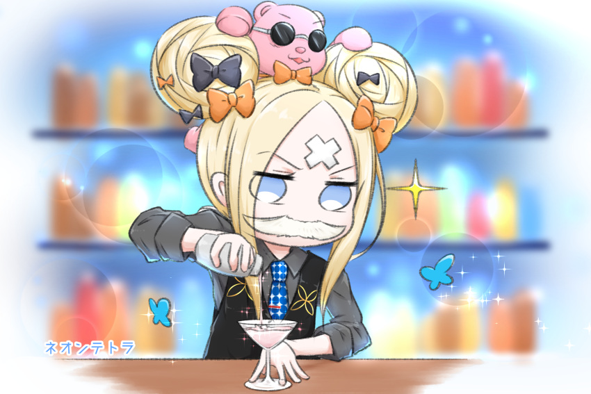 abigail_williams_(fate) alternate_costume animal bartender black_bow black_vest blonde_hair blue_butterfly blue_eyes blurry blurry_background bow bug butterfly cocktail_glass collared_shirt commentary_request cosplay cup depth_of_field double_bun drink drinking_glass fake_facial_hair fake_mustache fate/grand_order fate_(series) female grey_shirt hair_bun hairbow highres holding james_moriarty_(archer)_(fate) james_moriarty_(archer)_(fate)_(cosplay) james_moriarty_(gray_collar)_(fate) james_moriarty_(gray_collar)_(fate)_(cosplay) long_sleeves multiple_hair_bows necktie neon-tetora on_head orange_bow pouring shirt simple_background solo sparkle stuffed_animal stuffed_toy sunglasses teddy_bear upper_body vest white_necktie