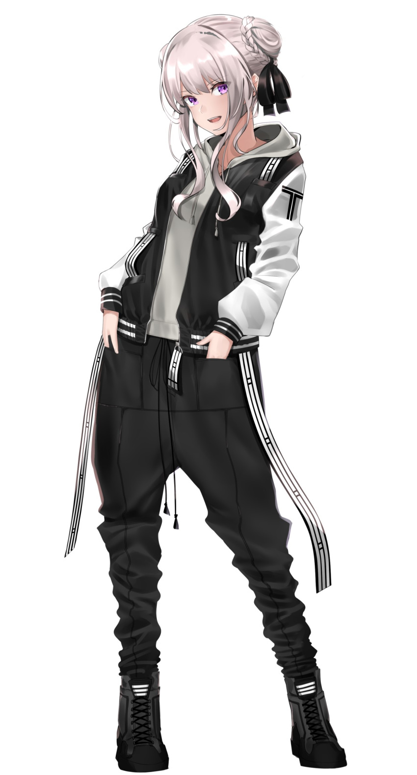 :d ankle_boots baggy_pants black_jacket black_pants black_ribbon blush boots cross-laced_footwear double_bun drawstring female full_body grey_hair hair_bun hair_ribbon hands_in_pockets highres himehina_channel hood hoodie jacket lace-up_boots legs_apart long_hair long_sleeves looking_at_viewer md5_mismatch open_clothes open_jacket open_mouth pants pirapirapirapira purple_eyes resolution_mismatch ribbon sidelocks simple_background smile solo source_larger standing tanaka_hime teeth upper_teeth_only v-shaped_eyebrows virtual_youtuber white_background white_sleeves