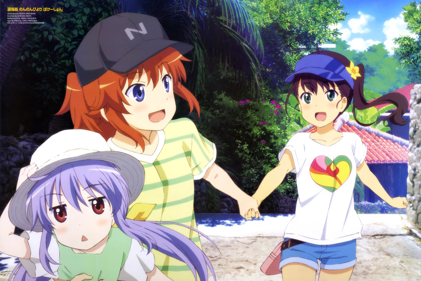 3girls :d absurdres artist_name black_hat blue_eyes blue_hat blue_shorts brown_hair collarbone day floating_hair flower green_eyes hair_between_eyes hair_flower hair_ornament hair_ribbon hand_on_headwear hat heart heart_print highres holding_hands koshigaya_natsumi long_hair miyauchi_renge mizusaki_kenta multiple_girls niizato_aoi non_non_biyori open_mouth outdoors ponytail print_headwear print_shirt purple_hair red_eyes ribbon shirt short_shorts short_sleeves shorts side_ponytail smile striped_clothes striped_shirt triangle_mouth white_hat white_shirt yellow_flower yellow_ribbon yellow_shirt