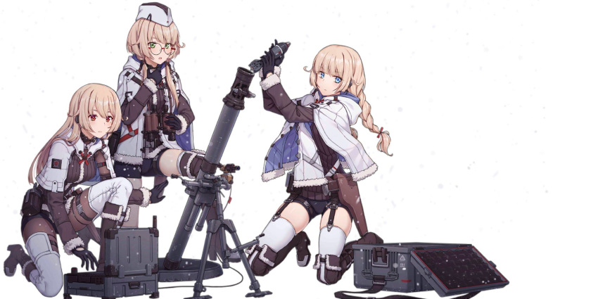 2b14_(girls'_frontline) 2b14_podnos 3girls ammunition binoculars blonde_hair blue_eyes boots braid full_body girls'_frontline glasses green_eyes gun hair_over_shoulder handgun highres holding holding_binoculars holster jpeg_artifacts knee_boots long_hair low_twintails mortar_(weapon) mortar_shell multiple_girls official_art red_eyes reloading simple_background single_braid suitcase terras thigh_boots thighhighs thighhighs_under_boots twintails weapon white_background winter_clothes