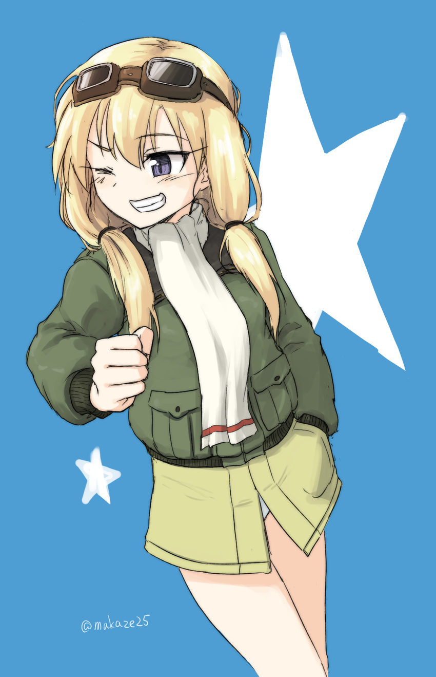 ;d blonde_hair blue_background blue_eyes bomber_jacket carla_j._luksic clenched_hand commentary_request dutch_angle eyebrows female goggles goggles_on_head hair_between_eyes hand_in_pocket highres jacket long_hair long_sleeves low_twintails makaze_(t-junction) military military_uniform noble_witches one_eye_closed open_mouth panties scarf signature simple_background smile solo star_(symbol) twintails underwear uniform white_panties world_witches_series