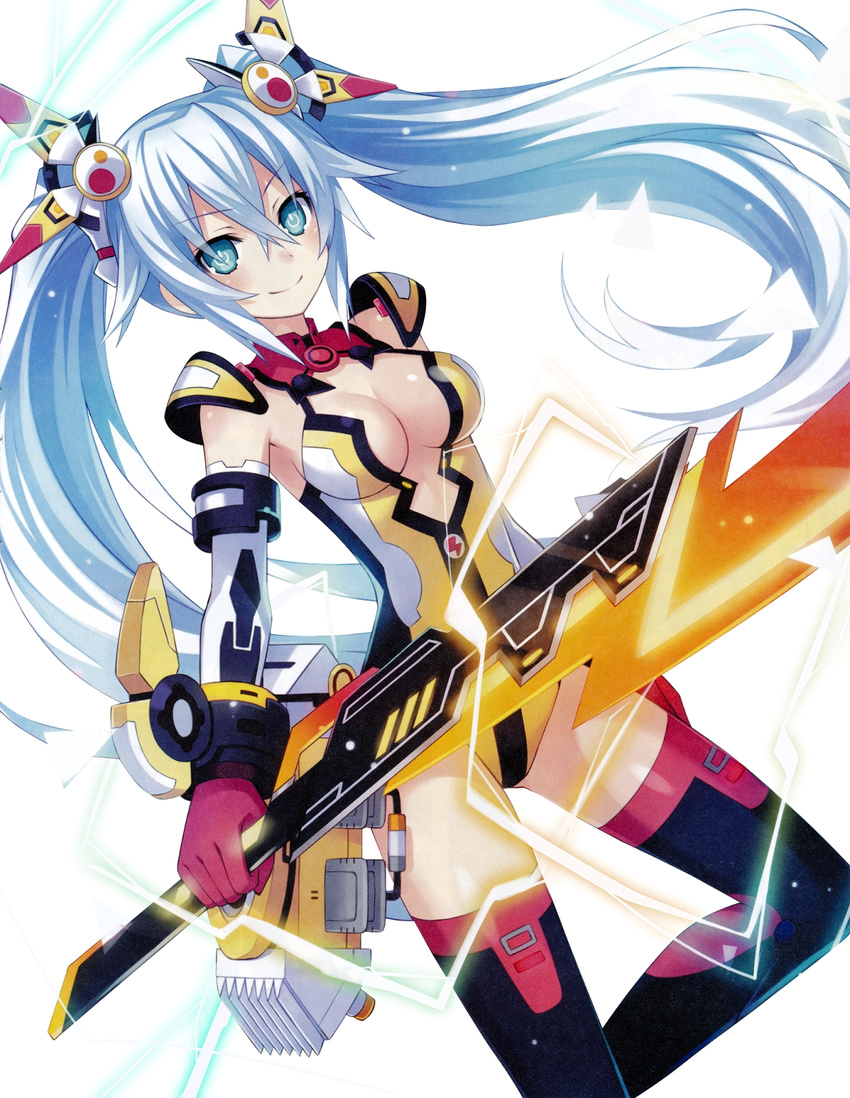 aqua_eyes black_heart_(neptunia) blue_eyes breasts center_opening chou_megami_shinkou_noire_gekishin_black_heart cleavage cleavage_cutout clothing_cutout covered_navel elbow_gloves electricity female gloves hair_between_eyes hair_ornament halterneck headgear highres holding holding_weapon leotard lightning_bolt_symbol long_hair looking_at_viewer mechanical_wings medium_breasts neptune_(series) official_art power_symbol power_symbol-shaped_pupils simple_background skin_tight smile solo sword symbol-shaped_pupils thighhighs tsunako twintails very_long_hair weapon white_background white_hair wings