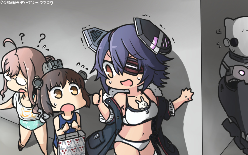 3girls ? abyssal_ship bikini blue_one-piece_swimsuit brown_eyes brown_hair commentary_request dated eyepatch flying_sweatdrops glasses hair_between_eyes hamu_koutarou he-class_light_cruiser headgear highres kantai_collection kunihiko_moriguchi long_hair makigumo_(kancolle) makigumo_(swimsuit_mode)_(kancolle) mitsukoshi_(department_store) multiple_girls official_alternate_costume one-piece_swimsuit open_mouth pink_hair purple_hair remodel_(kantai_collection) school_swimsuit short_hair swimsuit tenryuu_(kancolle) tenryuu_(swimsuit_mode)_(kancolle) thumbs_up trembling white_bikini yellow_eyes yukikaze_(kancolle)