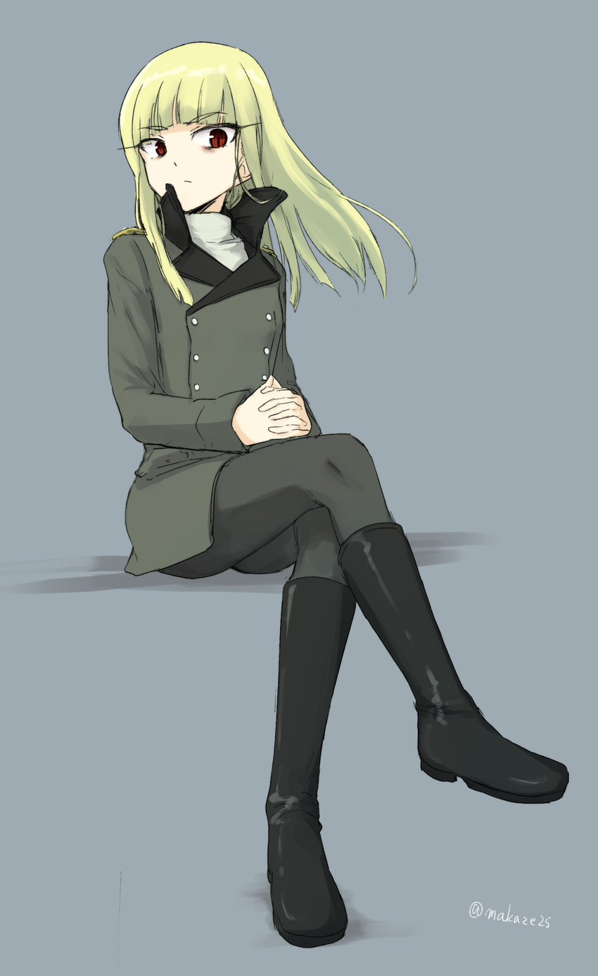 :x bags_under_eyes black_footwear black_pantyhose blonde_hair blue_background blunt_bangs boots coat commentary_request crossed_legs eyebrows female green_coat grete_m._gollob highres long_hair long_sleeves looking_at_viewer makaze_(t-junction) military military_uniform own_hands_clasped own_hands_together pantyhose popped_collar raised_eyebrows red_eyes signature simple_background sitting solo turtleneck uniform wind world_witches_series