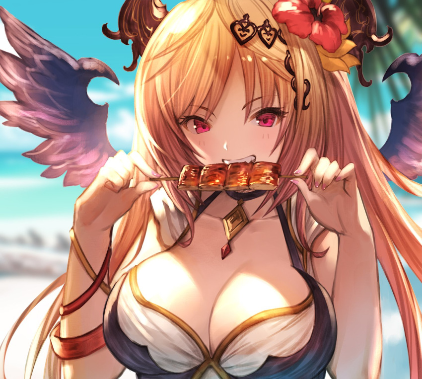 backlighting bikini black_wings breasts choker cleavage collarbone commentary_request dark_angel_olivia eating eel female flower gold_trim granblue_fantasy grin hair_flower hair_ornament heart highres horns kabayaki large_breasts long_hair minaba_hideo oerba_yun_fang official_art olivia_(summer)_(granblue_fantasy) orange_hair red_eyes skewer smile solo sunlight swimsuit wings