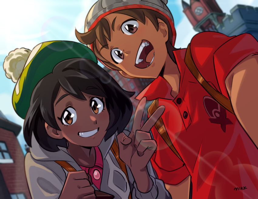 1boy absurdres backpack bag beanie beret brown_eyes brown_hair creatures_(company) dark_skin eyebrows female female_protagonist_(pokemon_swsh) game_freak hat highres male_protagonist_(pokemon_swsh) matching_hair/eyes mikk nintendo open_mouth pokemon pokemon_swsh selfie shirt short_hair smile sweater teeth