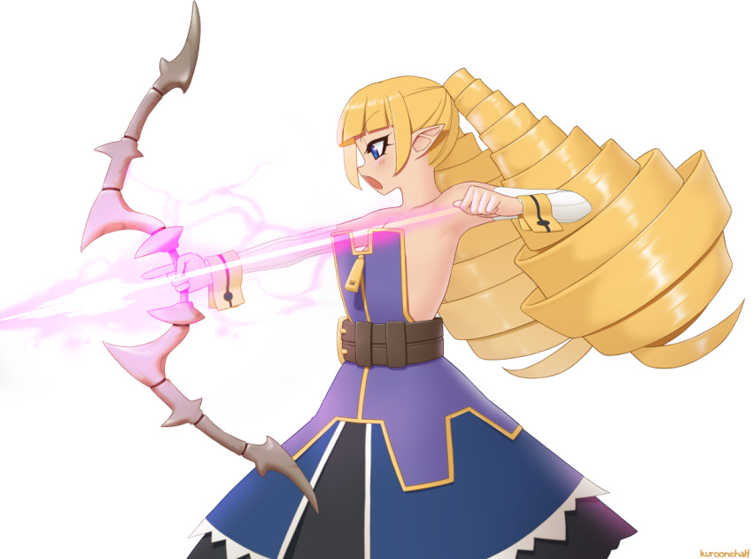 archer_(disgaea) artist_name bare_shoulders belt blonde_hair blue_eyes blunt_bangs bow_(weapon) commentary detached_sleeves disgaea drill_hair energy_arrow female kuroonehalf long_hair makai_senki_disgaea open_mouth pointy_ears profile serious sideless_outfit simple_background solo twin_drills weapon white_background