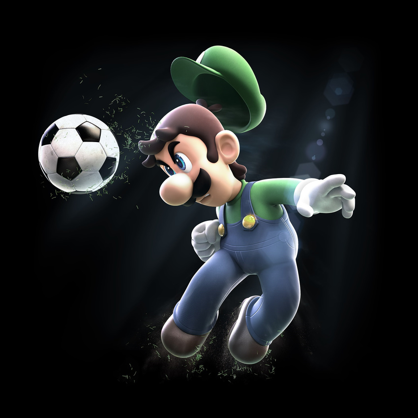 1boy ball black_background blue_overalls grass green_hat green_shirt hat highres luigi male_focus mario_(series) mario_sports_superstars official_art overalls shirt soccer_ball solo