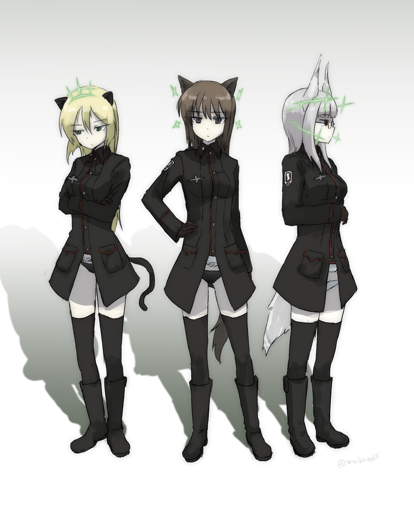 3girls :x animal_ears bird_girl bird_tail black_coat black_footwear black_gloves black_legwear black_panties blonde_hair boots breasts brown_hair cat_ears cat_girl cat_tail check_commentary closed_mouth coat commentary commentary_request crossed_arms dog_ears dog_girl dog_tail emblem eyebrows ghost_in_the_shell ghost_in_the_shell_lineup ghost_in_the_shell_stand_alone_complex glasses gloves green_eyes hand_on_own_chest hand_on_own_hip head_tilt head_wings heidimarie_w._schnaufer heinrike_prinzessin_zu_sayn-wittgenstein helmina_lent highres hirschgeweih_antennas large_breasts long_hair long_sleeves makaze_(t-junction) military military_uniform multiple_girls noble_witches panties parody purple_eyes red_eyes shadow simple_background strike_witches tail thighhighs underwear uniform white_background white_hair white_panties wings world_witches_series