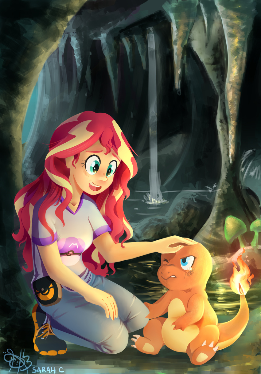 2016 cave charmander daughter-of-fantasy duo equestria_girls female fire flaming_tail generation_1_pokemon hasbro hi_res human mammal my_little_pony nintendo petting pokemon pokemon_(species) sunset_shimmer_(eg) tail