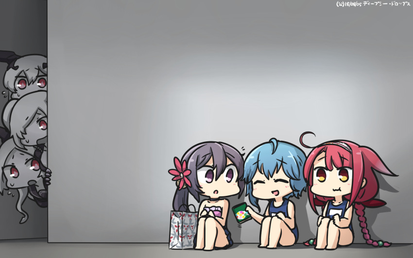 6+girls ^_^ abyssal_ship ahoge akebono_(kancolle) anchorage_oni armored_aircraft_carrier_princess asymmetrical_hair bell blue_hair blue_one-piece_swimsuit blue_skirt braid candy closed_eyes commentary_request dated flower food hair_bell hair_between_eyes hair_flaps hair_flower hair_ornament hair_over_one_eye hairband hamu_koutarou highres holding jingle_bell kantai_collection kawakaze_(kancolle) kunihiko_moriguchi long_hair minazuki_(kancolle) mitsukoshi_(department_store) multiple_girls one-piece_swimsuit open_mouth pink_flower pleated_skirt purple_eyes purple_hair red_eyes red_hair remodel_(kantai_collection) sakuma_drops school_swimsuit short_hair side_ponytail skirt smile southern_ocean_oni swimsuit twin_braids white_hair white_hairband yellow_eyes