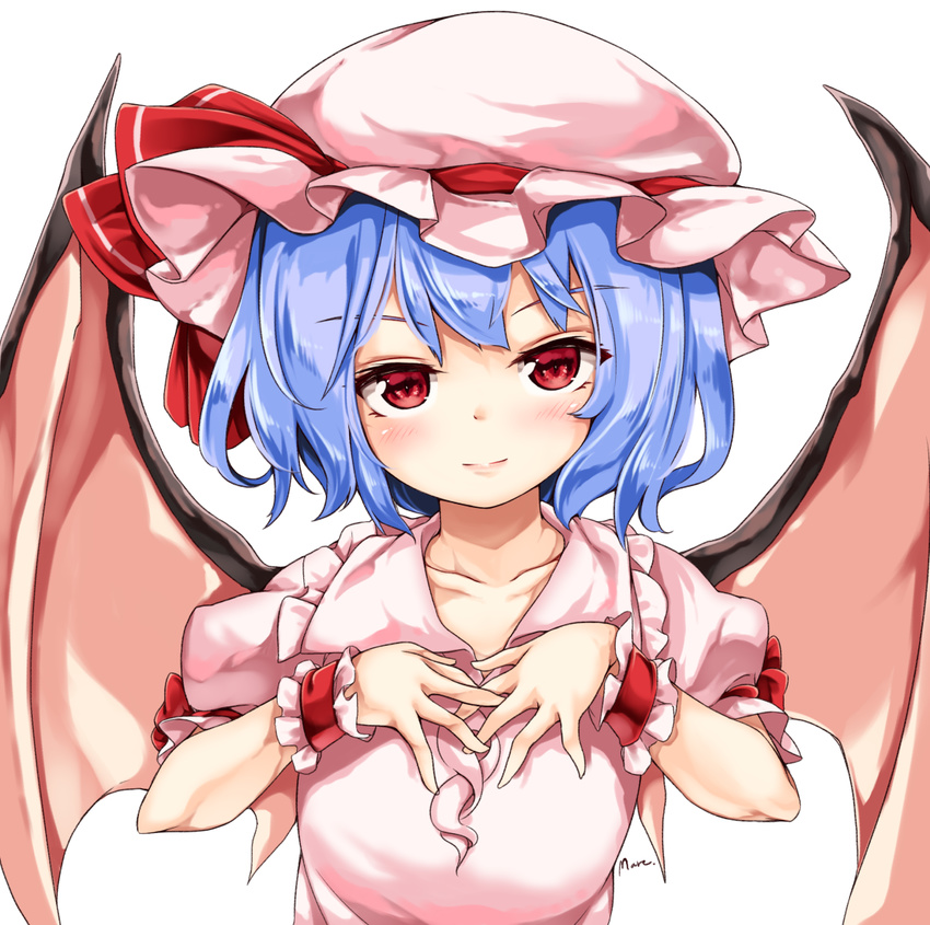 bad_id bad_pixiv_id bat_wings blue_hair blush collarbone female frills hands_on_own_chest hat hat_ribbon maremay0513 mob_cap puffy_short_sleeves puffy_sleeves red_eyes remilia_scarlet ribbon short_hair short_sleeves solo touhou white_background wings wrist_cuffs