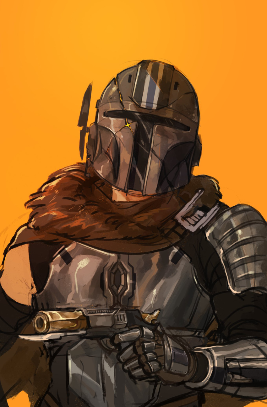 1boy bayonet brown_scarf commentary elbow_gloves english_commentary gloves gun handgun head_tilt helmet highres holding holding_gun holding_weapon jawli looking_at_viewer male_focus mandalorian orange_background original scarf science_fiction single_elbow_glove solo star_wars star_wars:_the_old_republic upper_body visor weapon