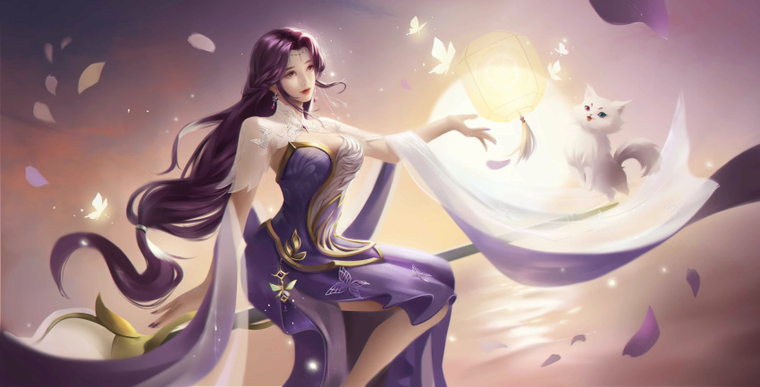 absurdres bare_legs breasts broom bug butterfly dress earrings falling_petals feline female fu_guang_qingqing glowing_butterfly highres horizon jewelry lantern large_breasts long_hair outstretched_hand petals purple_dress purple_hair second-party_source sitting solo sun wanmei_shijie water yun_xi_(wanmei_shijie)