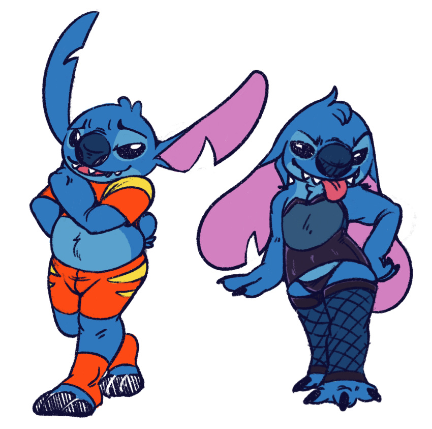 3_toes alien anthro barefoot belly_tuft big_ears biped blue_body blue_fur blue_nose chest_tuft claws clothed clothing disney ears_down experiment_(lilo_and_stitch) fatzoimp feet fishnet_clothing fishnet_legwear fur hand_on_hip head_tuft hi_res legwear lilo_and_stitch male notched_ear pivoted_ears simple_background slightly_chubby slightly_chubby_male smile solo stitch_(lilo_and_stitch) teeth toe_claws toes tongue tongue_out tuft white_background