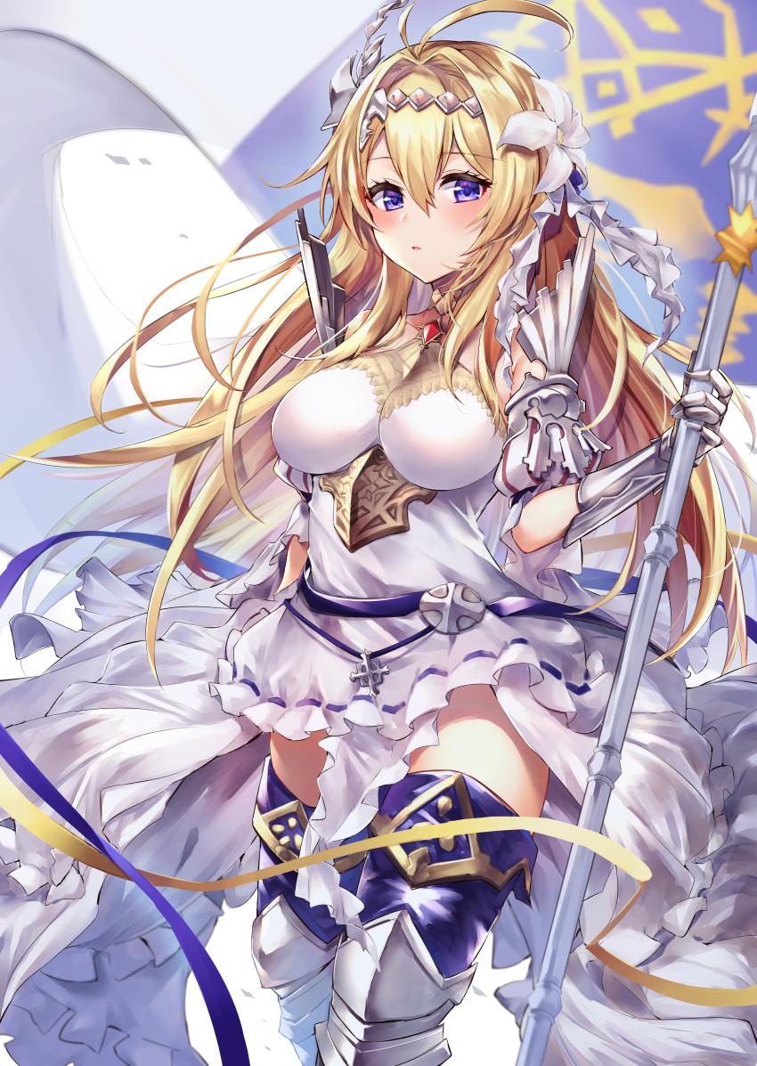 40_(0f0urw) absurdres ahoge banner blonde_hair blue_eyes blush breasts dress female flag flower gauntlets granblue_fantasy hair_flower hair_intakes hair_ornament hairband highres jeanne_d'arc_(granblue_fantasy) large_breasts sleeveless solo thighhighs white_flower