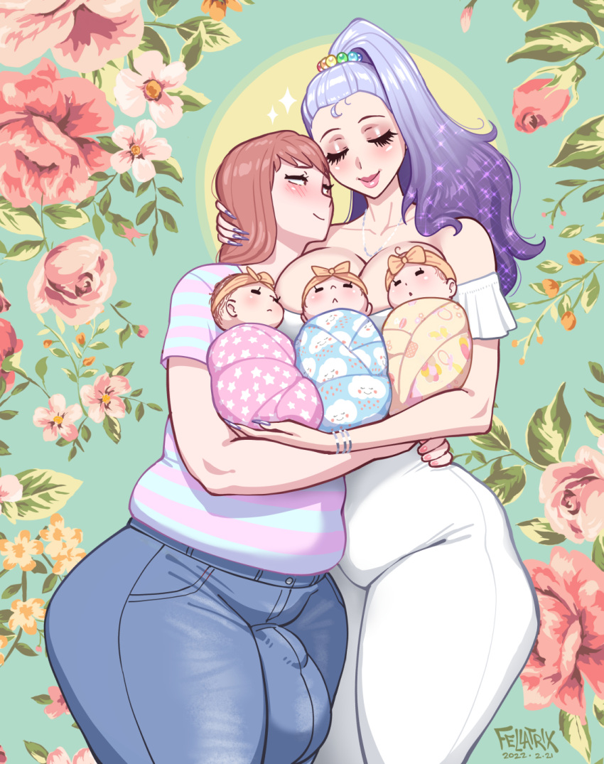 2girls artist_name ashley_(fellatrix) baby blue_shirt blush breasts brown_hair bulge cleavage closed_eyes couple dated denim family fellatrix floral_background futa_with_female futanari highres jeans large_breasts large_testicles long_hair mother_and_child multiple_girls original pants pink_shirt plump purple_hair sarah_(fellatrix) shirt striped_clothes striped_shirt testicles watermark wife_and_wife