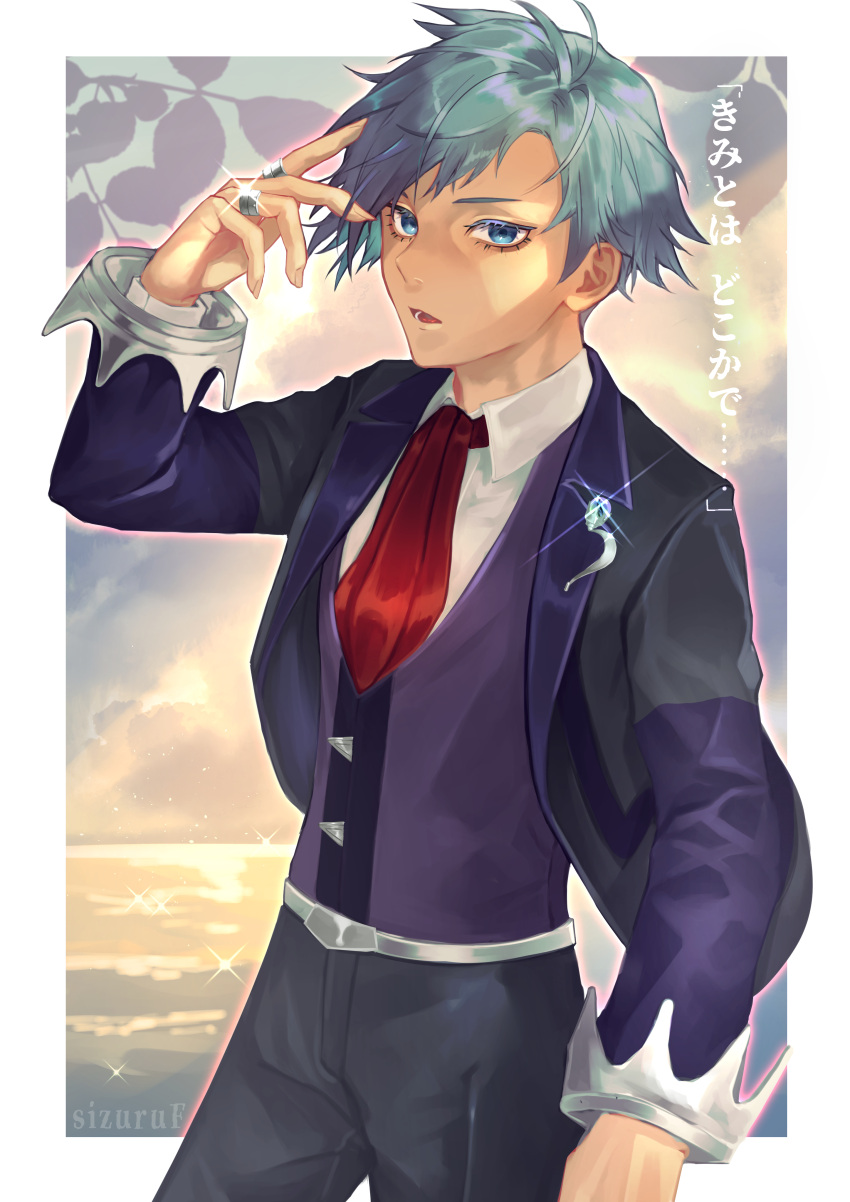 1boy absurdres artist_name bangs black_jacket black_pants blue_eyes blue_hair collared_shirt commentary_request eyelashes glint hand_up highres jacket jewelry long_sleeves lower_teeth male_focus necktie open_mouth pants pokemon pokemon_(game) pokemon_oras purple_vest red_necktie ring shirt short_hair sizuru_(garasuame0206) solo sparkle steven_stone teeth tongue vest white_shirt