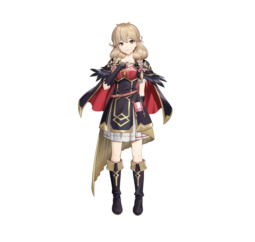 absurdres alternate_costume armor bag belt black_footwear boots bow braid breastplate bridal_gauntlets brown_eyes brown_hair capelet closed_mouth collarbone commentary_request dress faye_(fire_emblem) faye_(resplendent)_(fire_emblem) feather_trim female fingernails fire_emblem fire_emblem_echoes:_shadows_of_valentia fire_emblem_heroes full_body gold_trim hairbow hand_on_own_chest hand_up head_tilt highres knee_boots lips long_hair looking_at_viewer mikurou_(nayuta) official_art pink_bow short_sleeves shoulder_armor simple_background solo standing twin_braids twintails white_background