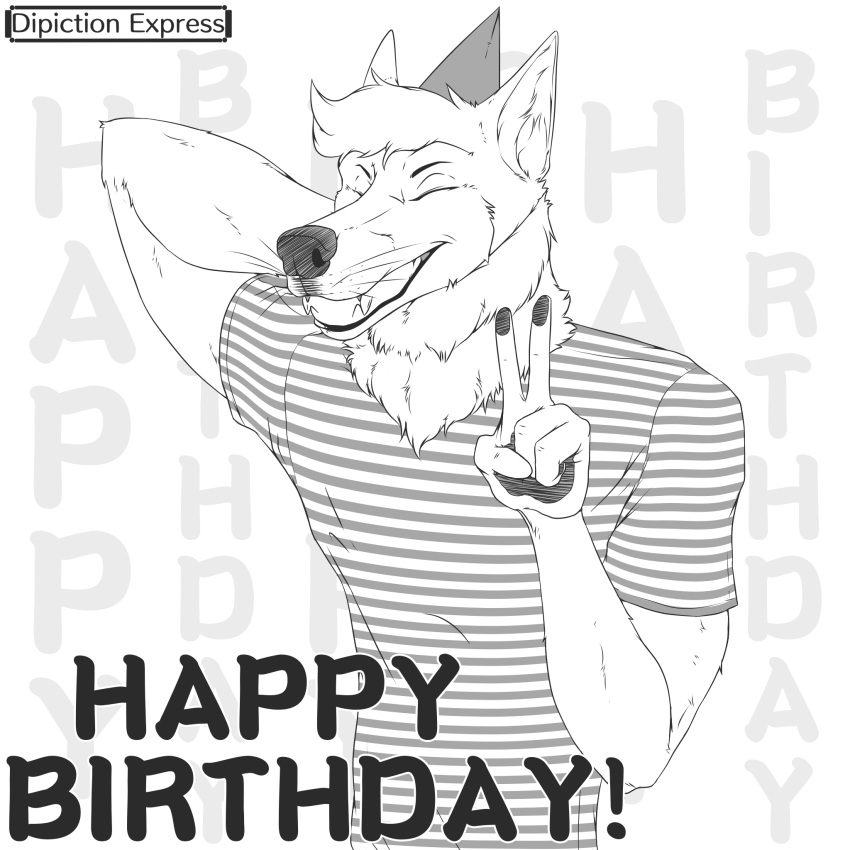 1:1 anthro birthday canid canine canis closed_eyes clothing conductor_ramirez_(depictionexpress) depictionexpress domestic_dog english_text gesture hair hand_behind_head hand_gesture happy_birthday hat headgear headwear hi_res husky male mammal monochrome nordic_sled_dog party_hat pattern_background pattern_clothing simple_background smile smiling_at_viewer solo spitz striped_clothing stripes text v_sign wavy_hair