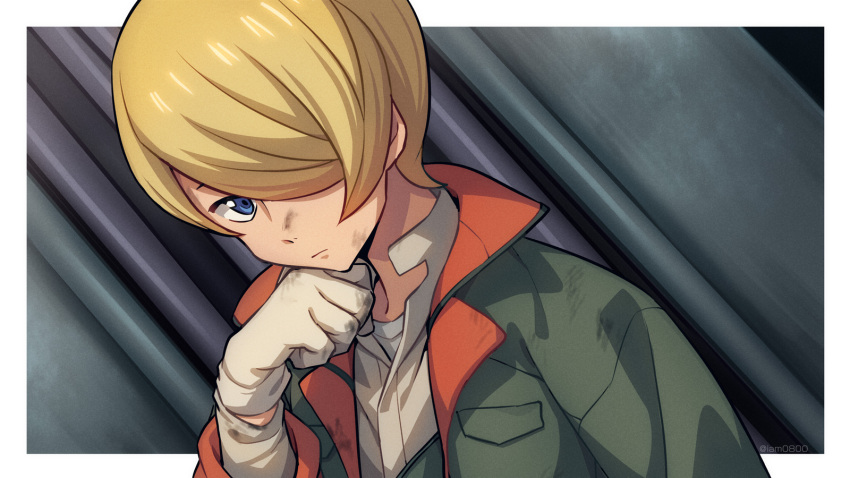 1boy blonde_hair blue_eyes border clenched_hand closed_mouth collared_shirt commentary dirty dirty_clothes dirty_face dutch_angle gloves green_jacket grey_gloves grey_shirt gundam gundam_tekketsu_no_orphans hair_over_one_eye hand_up high_collar highres jacket long_sleeves male_focus open_clothes open_jacket outside_border sayshownen shirt short_hair solo twitter_username undershirt upper_body watermark white_border yamagi_gilmerton