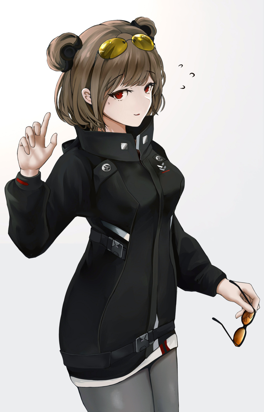 absurdres amamizu_shizuku belt black_jacket brown_hair commission cosplay double_bun eyewear_on_head female girls'_frontline grey_pants hair_bun hand_up highres holding holding_removed_eyewear jacket ksg_(girls'_frontline) ksg_(girls'_frontline)_(cosplay) looking_at_viewer medium_hair p90_(girls'_frontline) pants pixiv_commission red_eyes solo standing unworn_eyewear white_background