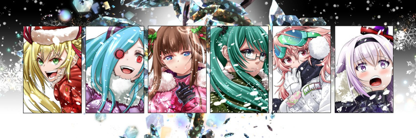 .live 6+girls alternate_costume artist_request bad_id bad_twitter_id blue_hair blush brown_hair carro_pino commentary_request glasses glowing glowing_eye goggles kagura_suzu_(.live) kakyouin_chieri kongou_iroha long_hair looking_at_viewer mokota_mememe multiple_girls open_mouth portrait project_winter snow tears virtual_youtuber winter_clothes yamato_iori