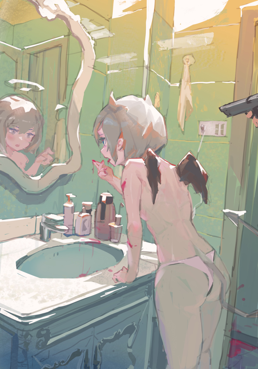 aiming ass bare_arms bathroom blood blood_on_arm blood_on_hands blue_eyes breasts commentary different_reflection english_commentary female grey_hair gun halo highres horns indoors mirror original panties parted_lips reflection short_hair sink small_breasts solo_focus tail topless underwear weapon white_panties wings zygocactus