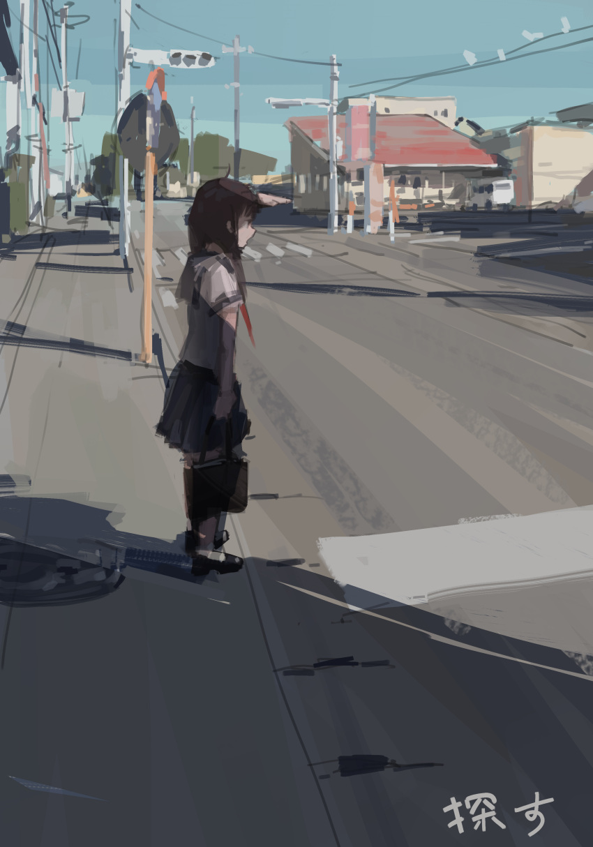 absurdres bag black_footwear blue_skirt brown_hair building commentary crosswalk day english_commentary female from_side full_body highres holding holding_bag long_hair neckerchief original outdoors power_lines profile red_neckerchief road school_bag school_uniform serafuku shade shirt skirt solo standing street traffic_light utility_pole white_shirt zygocactus