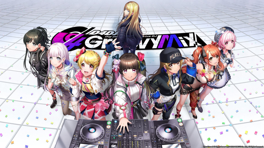 6+girls aimoto_rinku aoyagi_tsubaki baseball_cap beret black_bow black_gloves black_hair black_jacket blonde_hair blue_eyes blunt_bangs bow breasts brown_hair cleavage cleavage_cutout clenched_hand clothing_cutout crop_top d4dj dress expressionless fingerless_gloves frown gloves grey_dress grey_eyes grey_hair grey_headwear hair_behind_ear hair_bun hair_ornament hand_on_own_hip hat highres izumo_saki jacket kaibara_michiru leaning_forward licking_lips long_hair looking_at_viewer looking_back looking_up medium_breasts midriff mixing_console multicolored_hair multiple_girls navel neo_(d4dj) official_art open_hand parted_lips pink_bow pink_eyes pink_hair ponytail red_bow red_skirt sakurada_miyu seto_rika shirt short_hair single_leg_pantyhose single_side_bun skirt skirt_set smile streaked_hair teddy_bear_hair_ornament tongue tongue_out turntable twintails two-tone_bow v-shaped_eyebrows white_dress white_jacket white_shirt wrist_cuffs yamate_kyouko