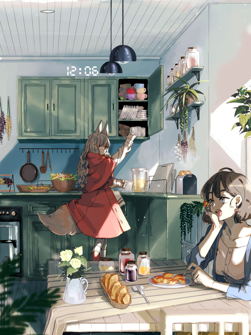 2girls 88_(einnimnech) animal_ears blue_eyes bread cup cutting_board flower food fox_ears fox_girl fox_tail frying_pan highres indoors jar kitchen knife multiple_girls original plant plate potted_plant tail