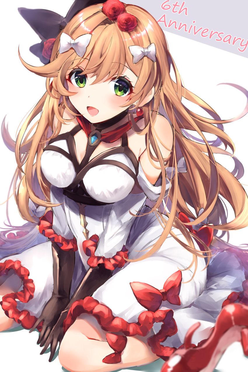 40_(0f0urw) absurdres aqua_eyes bare_shoulders breasts chest_harness clarisse_(granblue_fantasy) clarisse_(soleil_blanc)_(granblue_fantasy) dress earrings female flower gloves granblue_fantasy green_eyes hair_flower hair_ornament hair_ribbon harness highres jewelry long_hair official_alternate_costume orange_hair ribbon solo