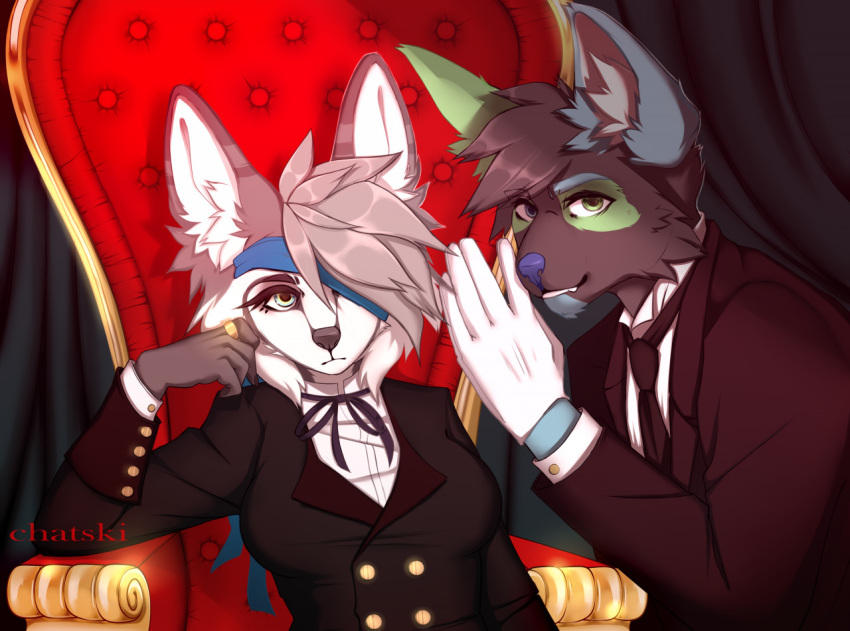 anthro big_ears black_body black_butler black_fur black_tie_(suit) bow_(knot) canid canine canis chatski ciel_phantomhive clothing coat cosplay curtains eye_patch eyewear female fox fur gloves gold grey_body grey_fur hair handwear headshot_portrait knot kuroshitsuji male mammal necktie portrait redraw ring sebastian_michaelis suit tailcoat tape thorn topwear wolf