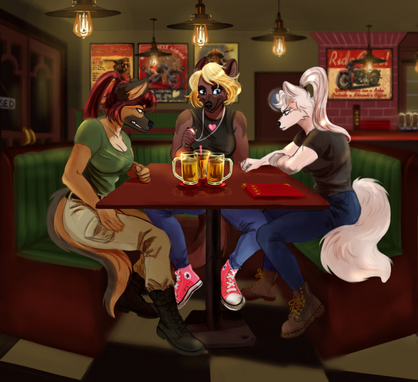 2022 5_fingers alcohol andrea_rayne anthro arctic_fox bar beer beverage black_nose blonde_hair blue_eyes boots bottomwear breasts brown_body brown_fur brown_hair canid canine canis cinnameana cleavage clenched_teeth clock clothed clothing death_glare denim denim_bottomwear denim_clothing digital_media_(artwork) domestic_dog dora_schutzhund female fingers footwear fox fur german_shepherd group hair herding_dog humanoid_hands inner_ear_fluff inside jeans looking_at_another mammal murmur_(slanda) pants pastoral_dog ponytail red_eyes shirt shoes sitting sneakers stare staring_contest stopwatch t-shirt tank_top teeth topwear trio true_fox tuft watch white_body white_fur white_hair