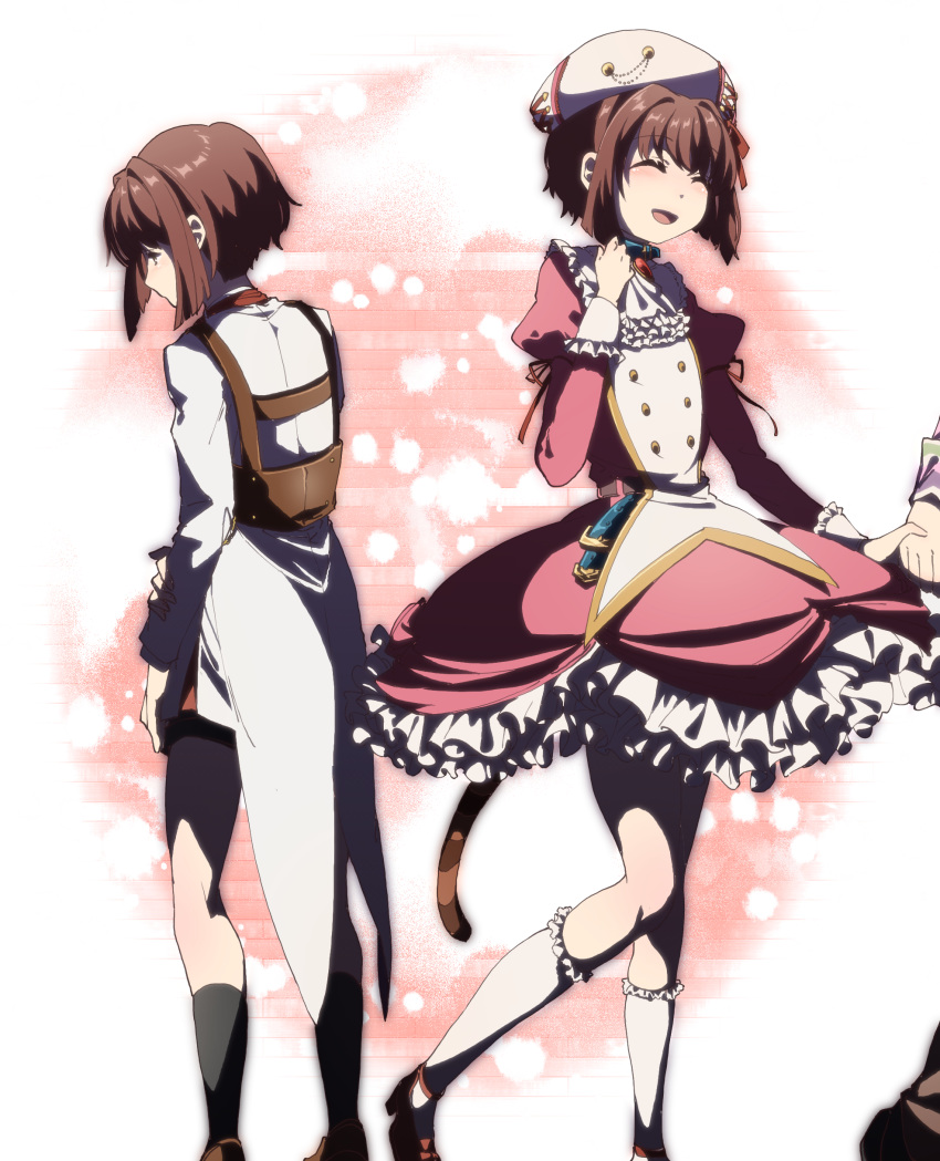 1boy absurdres brown_hair cat_tail ciconia_no_naku_koro_ni closed_eyes coat coattails dress female frilled_dress frills hand_on_own_arm hand_up hat highres hinamikan holding_hands jayden_(ciconia) juliet_sleeves long_sleeves meow_(ciconia) mitake_miyao open_mouth out_of_frame puffy_sleeves short_hair sleeve_cuffs smile socks standing striped_tail tail visible_ears white_coat white_legwear