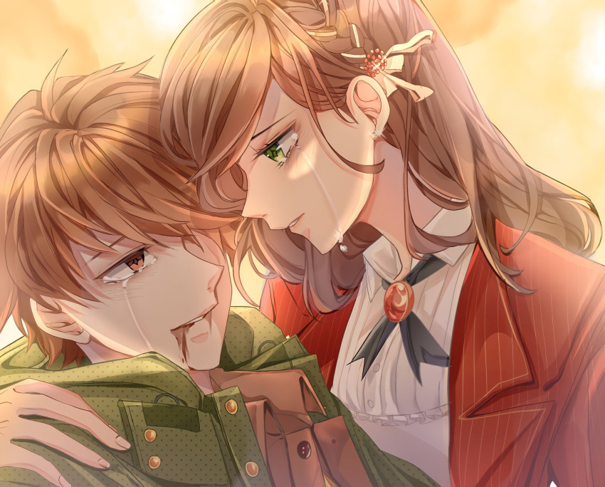 1boy :d blood brown_eyes brown_hair crying crying_with_eyes_open female green_eyes green_jacket grin hair_ornament highres jacket long_hair long_sleeves looking_at_another luke_pearce_(tears_of_themis) qeanoya red_jacket rosa_(tears_of_themis) short_hair smile tears tears_of_themis teeth