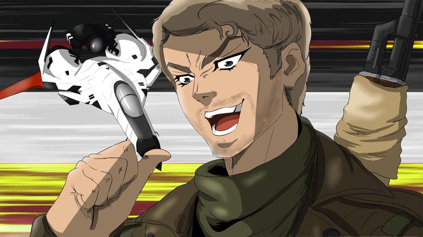 1boy ace_combat ace_combat_zero adfx-02_morgan aircraft airplane assault_rifle brown_eyes brown_hair commentary english_commentary facial_hair gun haonfest jojo_no_kimyou_na_bouken kono_dio_da_(meme) larry_foulke meme open_mouth rifle stubble teeth weapon