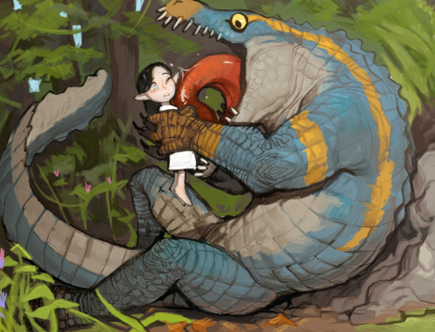 1other barefoot black_hair blue_eyes crocodilian dress elf female forest hand_around_waist holding_person kroxigor licking licking_another's_face lizardman_(warhammer_fantasy) lolicon long_hair mossacannibalis nature outdoors parted_lips pointy_ears smile warhammer_fantasy white_dress wide-eyed