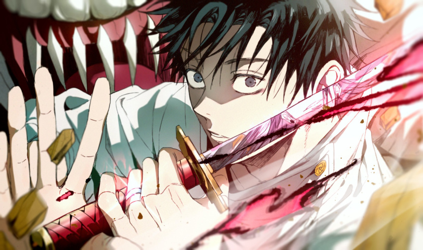 2boys aura black_eyes black_hair cursed_energy ear_piercing fighting_stance getou_suguru highres holding holding_sword holding_weapon jacket jewelry jujutsu_kaisen katana looking_at_viewer male_focus monster multiple_boys okkotsu_yuuta open_mouth orimoto_rika parted_lips piercing portrait reflection ring short_hair smile sword teeth weapon white_jacket yoon_(dmsco1803)