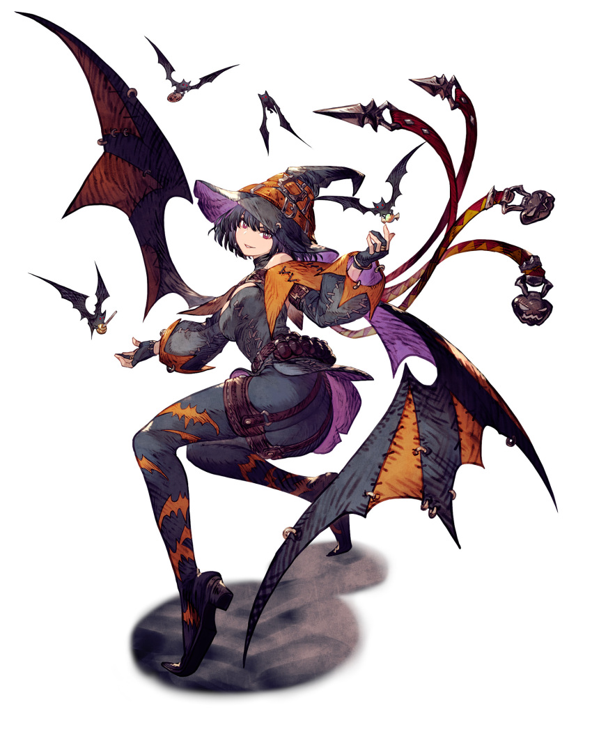 animal_print ass bat_print bat_wings breasts candy capelet cleavage_cutout clothing_cutout cookie female final_fantasy final_fantasy_brave_exvius fingerless_gloves food gloves halloween hat head_tilt high_heels highres large_breasts lollipop looking_at_viewer lu'cia_(war_of_the_visions:_final_fantasy_brave_exvius) official_art puffy_sleeves red_eyes short_hair war_of_the_visions:_final_fantasy_brave_exvius wings witch witch_hat