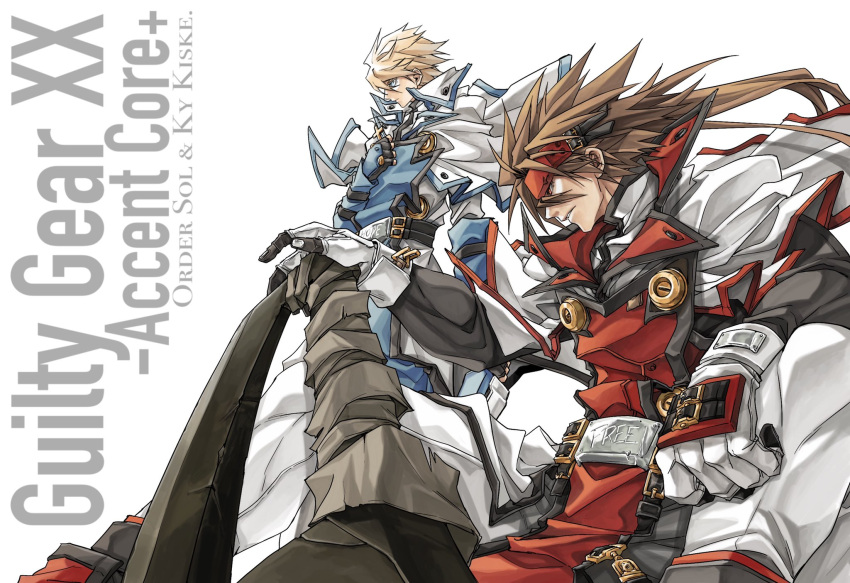 2boys belt blonde_hair blue_eyes brown_hair buttons character_name copyright_name cross cross_necklace dong_hole english_text from_side guilty_gear guilty_gear_xx highres holding holding_weapon huge_weapon jewelry ky_kiske looking_afar male_focus multiple_belts multiple_boys necklace order-sol ponytail sitting sol_badguy standing sword weapon