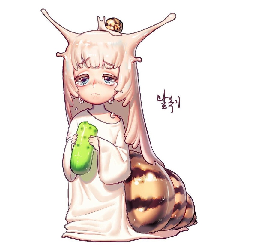 animal_on_head blue_eyes dress female food full_body holding holding_food korean_commentary long_sleeves on_head original platinum_blonde_hair rinotuna shadow shell simple_background snail snail_girl snail_on_head snail_shell solo standing tears white_background white_dress wide_sleeves