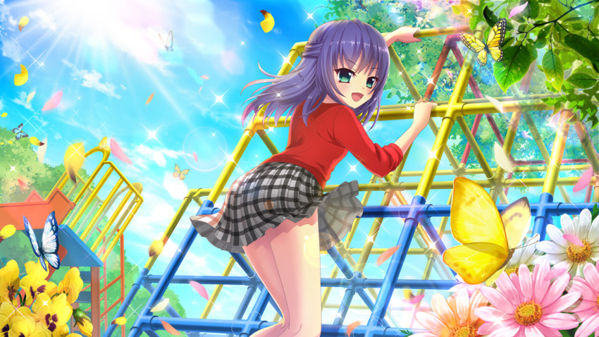 aqua_eyes ass blue_butterfly blue_hair blue_sky bug butterfly climbing daisy day dot_nose female film_grain flower from_below game_cg grey_skirt honjou_kasumi izumi_tsubasu jungle_gym leaf legs looking_at_viewer looking_back medium_hair miniskirt non-circular_lens_flare non-web_source official_art open_mouth outdoors pansy pink_flower plaid plaid_skirt playground re:stage! red_shirt shirt skirt sky slide smile solo sparkle sun tree white_flower wind yellow_butterfly yellow_flower yellow_pansy