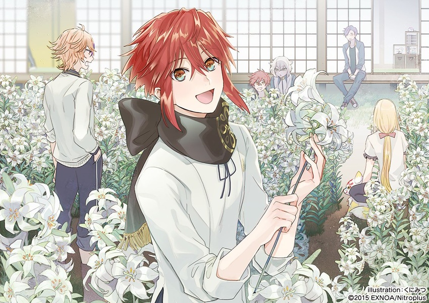 6+boys :d aizen_kunitoshi akashi_kuniyuki aqua_eyes black_thighhighs blonde_hair bow brown_eyes brown_hair commentary_request flower fox gotou_toushirou hairbow hand_in_pocket hotarumaru jacket konnosuke kunimitsu_(9nimi2) lily_(flower) male_focus midare_toushirou multiple_boys official_art open_mouth pants ponytail purple_hair red_hair scarf scarf_bow shinano_toushirou shorts sitting sliding_doors smile thighhighs touken_ranbu track_jacket track_pants white_hair white_lily yellow_eyes