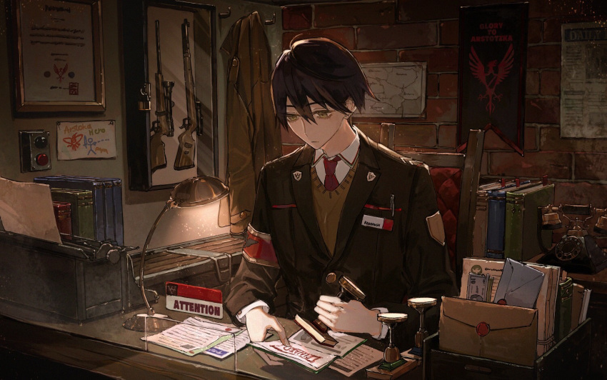 1boy armband binder black_jacket book brown_eyes brown_hair chair child's_drawing closed_mouth clothes_hanger coat commentary_request denn_(naluse_flow) empty_eyes from_outside gun hair_between_eyes holding id_card indoors ink_stamp jacket jitome kenmochi_touya letter long_sleeves male_focus map name_tag necktie nijisanji papers_please phone red_necktie rifle sitting solo stamp_mark typewriter unworn_coat vest virtual_youtuber weapon