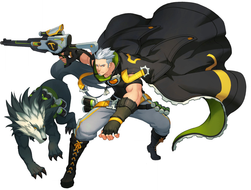 1boy abs action artist_request bad_source bara facial_hair fighting full_body gimp_(medium) goatee grey_hair gun gyee highres holding holding_gun holding_weapon male_focus miles_(gyee) muscular muscular_male official_art pectorals short_hair sideburns solo transparent_background undercut weapon wolf